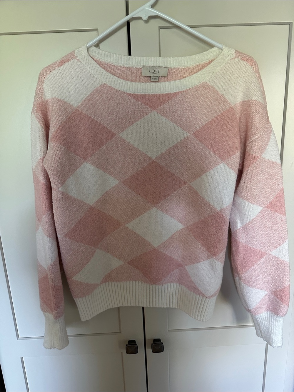 LOFT Pink & White Argyle Crewneck Sweater